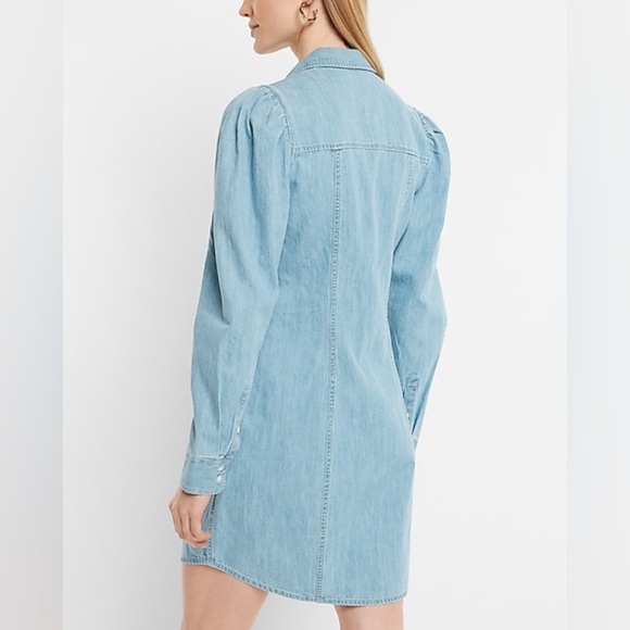 🔆 Express Denim Puff Sleeve Button Front Mini Shirt Dress, Size XS - Picture 3 of 3